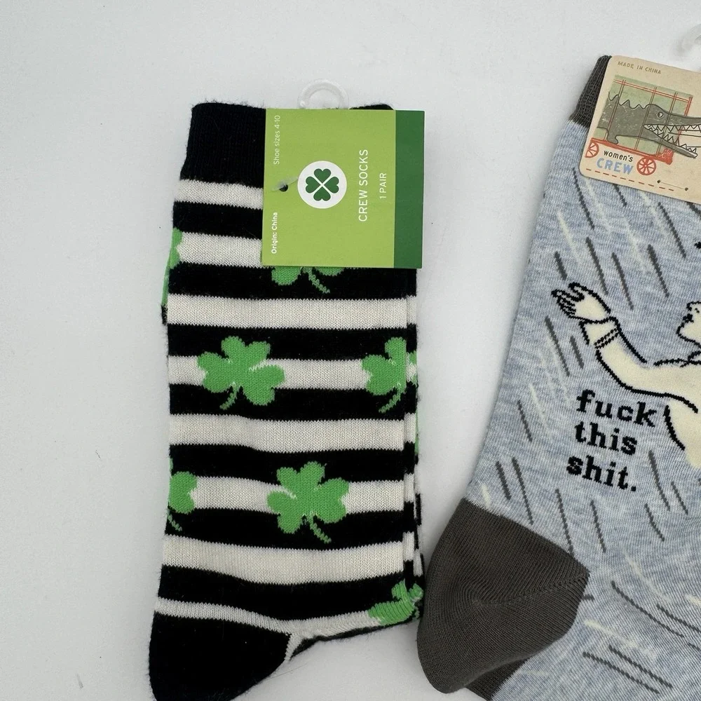 Novelty Crew Socks Lot 3 Blue Q‎ Shamrock Ducks Funny Womens 4-10 NWT